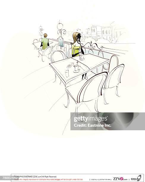 illustrazioni stock, clip art, cartoni animati e icone di tendenza di woman sitting on a chair in a restaurant - architecture restaurant interior