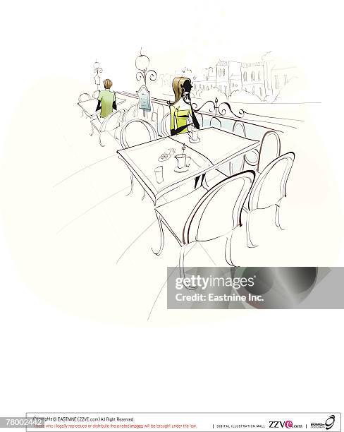 stockillustraties, clipart, cartoons en iconen met woman sitting on a chair in a restaurant - mensen op de achtergrond