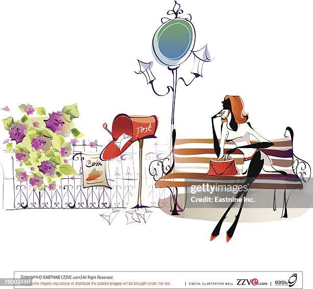 woman sitting on the bench and looking at a mailbox - reading outside stock illustrations