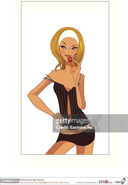 ilustraciones, imágenes clip art, dibujos animados e iconos de stock de woman holding a cherry with her hand on her hips - melena mediana