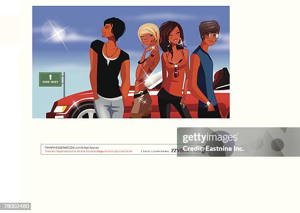 ilustraciones, imágenes clip art, dibujos animados e iconos de stock de close-up of two men with two women standing near a car - melena mediana
