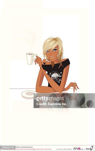 woman sitting at a table and holding a cup of coffee - 肩を出した点のイラスト素材／クリップアート素材／マンガ素材／アイコン素材