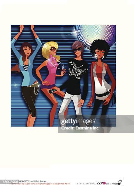 ilustraciones, imágenes clip art, dibujos animados e iconos de stock de three women dancing with a male singer in a nightclub - melena mediana