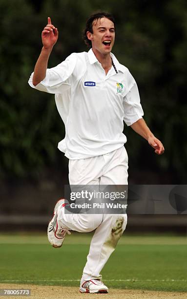 Kurt Richards of Central celebrates his wicket of Rob Nicol of Auckland during day two of the State Championship cricket match between the Auckland...