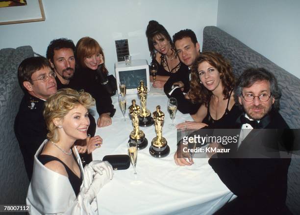 Kate Capshaw, Elton John, and Bruce Springsteen, Patti Scialfa, Tom Hanks, Rita Wilson and Steven Spielberg at the Elton John AIDS Foundation Party,...
