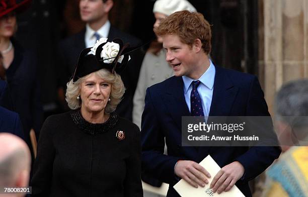 Prince Harry and Camilla, Duchess of Cornwall leave a service of celebration for the Diamond Wedding Anniversary of The Queen and Prince Philip at...