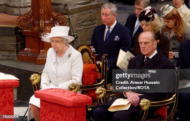 Queen Elizabeth ll and Prince Philip, Duke of Edinburgh sit with members of the Royal Family at a service to celebrate their Diamond Wedding...