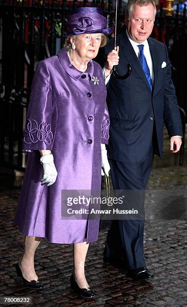 Margaret Thatcher attends a service of celebration for the Diamond Wedding Anniversary of The Queen and Prince Philip at Westminster Abbey on...
