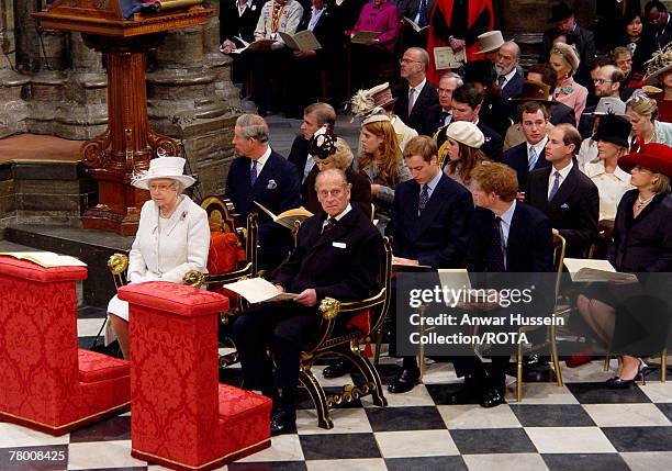 Queen Elizabeth ll and Prince Philip, Duke of Edinburgh sit with members of the Royal Family at a service to celebrate their Diamond Wedding...