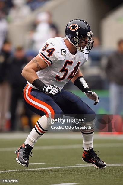 Brian Urlacher of the Chicago Bears defends against the Seattle Seahawks at Qwest Field on November 18, 2007 in Seattle, Washington.