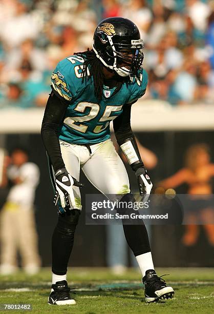 Reggie Nelson of the Jacksonville Jaguars looks over the offense in a game against the San Diego Chargers at Jacksonville Municipal Stadium on...