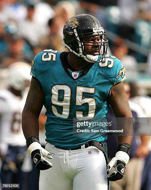 Paul Spicer of the Jacksonville Jaguars looks over the offense in a game against the San Diego Chargers at Jacksonville Municipal Stadium on November...