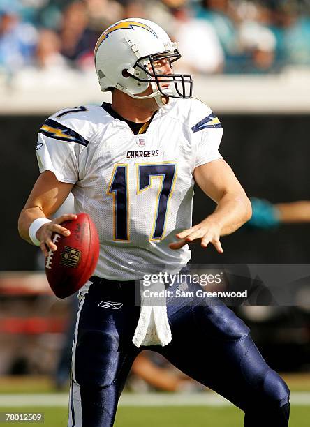 Philip Rivers of the San Diego Chargers makes a pass in a game against the Jacksonville Jaguars at Jacksonville Municipal Stadium on November 18,...