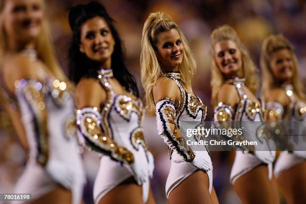 Members of the LSU Golden Girls perform during pregame of the Louisiana State University Tigers against the Louisiana Tech Bulldogs on November 11,...