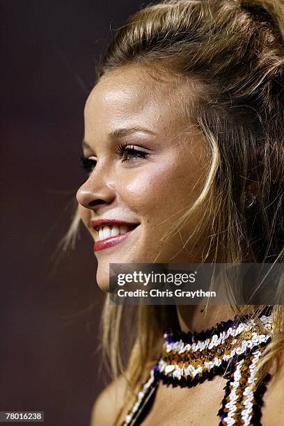 Member of the LSU Golden Girls smiles during pregame of the Louisiana State University Tigers against the Louisiana Tech Bulldogs on November 11,...