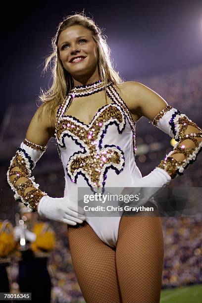 Member of the LSU Golden Girls stands during pregame of the Louisiana State University Tigers against the Louisiana Tech Bulldogs on November 11,...