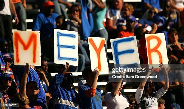 Florida Gator fans show their support for coach Urban Meyer during a game against the FAU Owls at Ben Hill Griffin Stadium on November 17, 2007 in...
