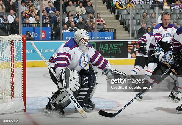 Goaltender Bill Ranford braces for a shot at the Legends Classic Game on November 11, 2007 at the Air Canada Centre in Toronto, Ontario, Canada.