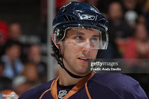 Sam Gagner of the Edmonton Oilers takes a break against the Calgary Flames on November 17, 2007 at Rexall Place in Edmonton, Alberta, Canada.