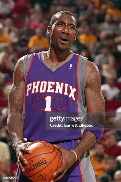 Amare Stoudemire of the Phoenix Suns reacts after a play during the game against the Seattle SuperSonics at Key Arena on November 1, 2007 in Seattle,...