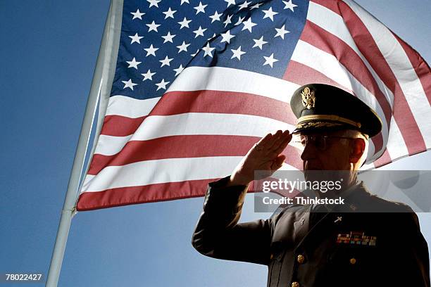 silhouette of veteran us army colonel chaplain wearing hat and saluting with an american flag flying behind him. - salutieren stock-fotos und bilder