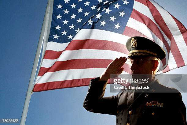 silhouette of veteran us army colonel chaplain wearing hat and saluting with an american flag flying behind him. - us veterans day fotografías e imágenes de stock