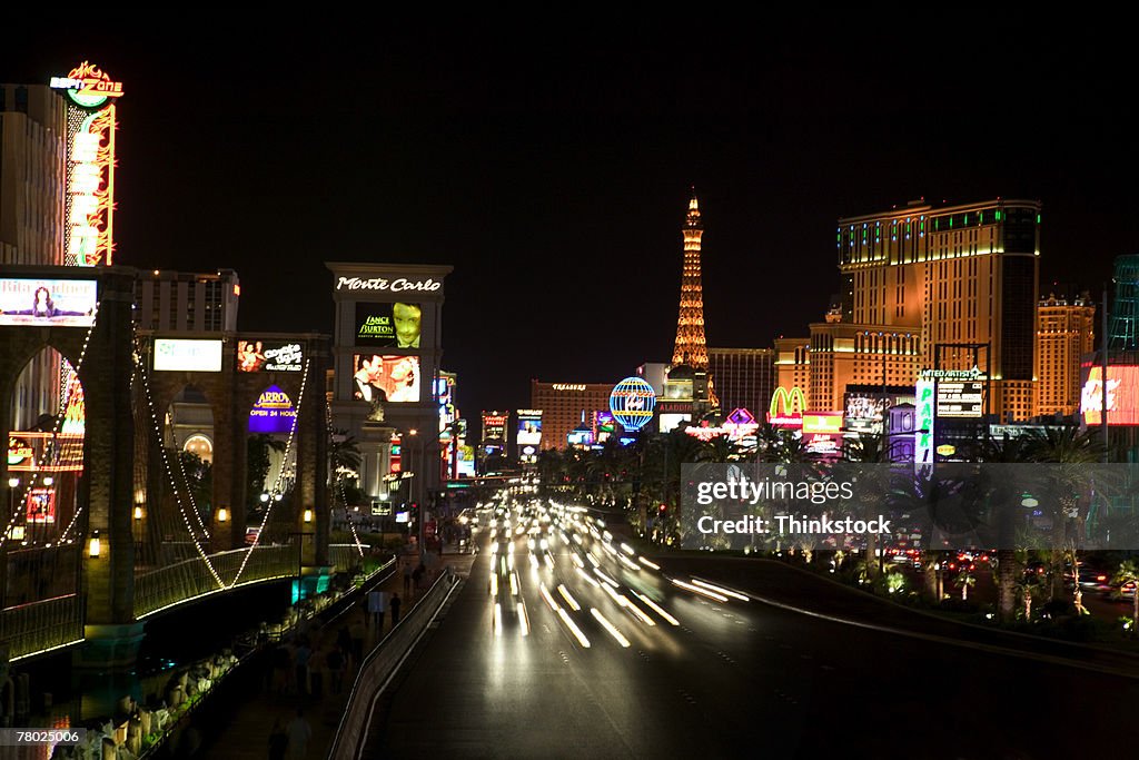 Streaked lights on the streets and city lights at night in Las Vegas, Nevada