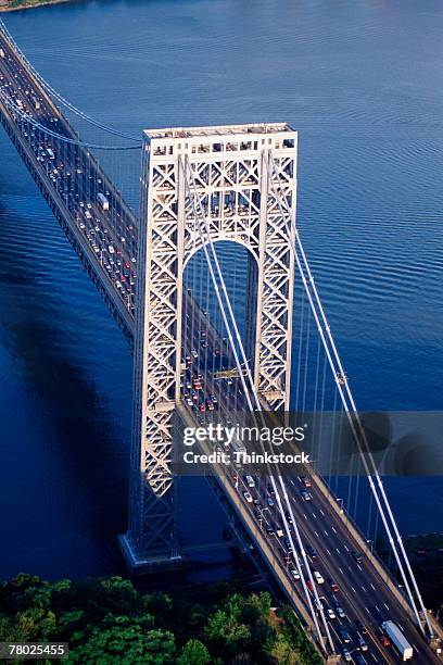 close-up aerial of the george washington bridge in new york city. - george washington bridge bildbanksfoton och bilder