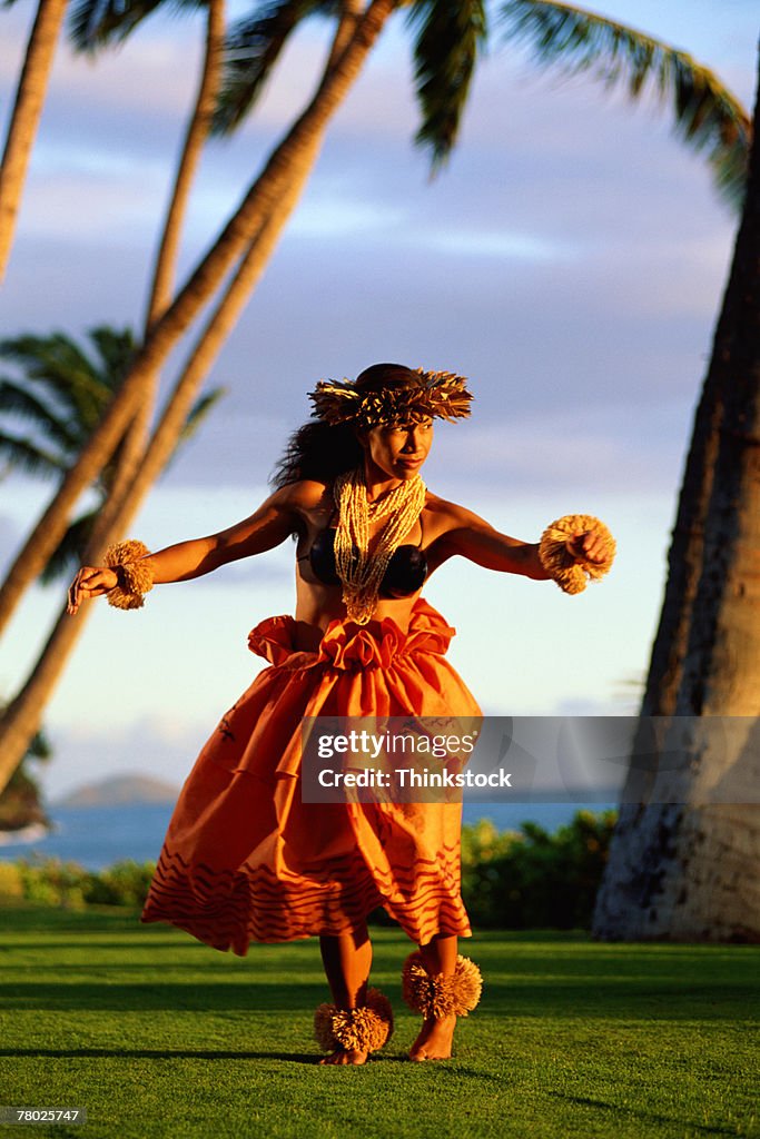 Shell Bra Hula A Female Hula Dancing Outdoors Near The Ocean At Sunset She Is Wearing ...