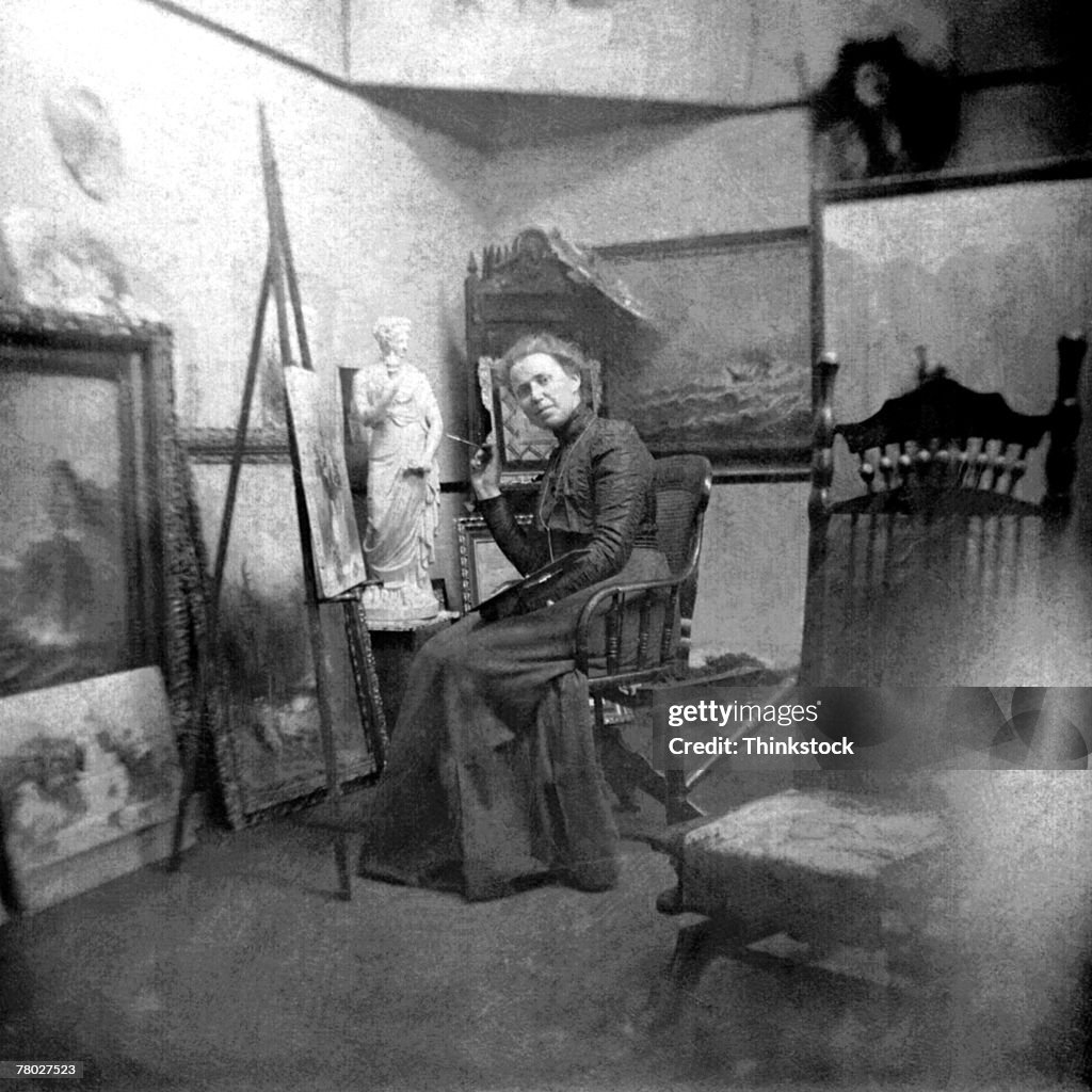 Early 1800s Woman Artist In Studio Sits At Easel Looking At Viewer With ...