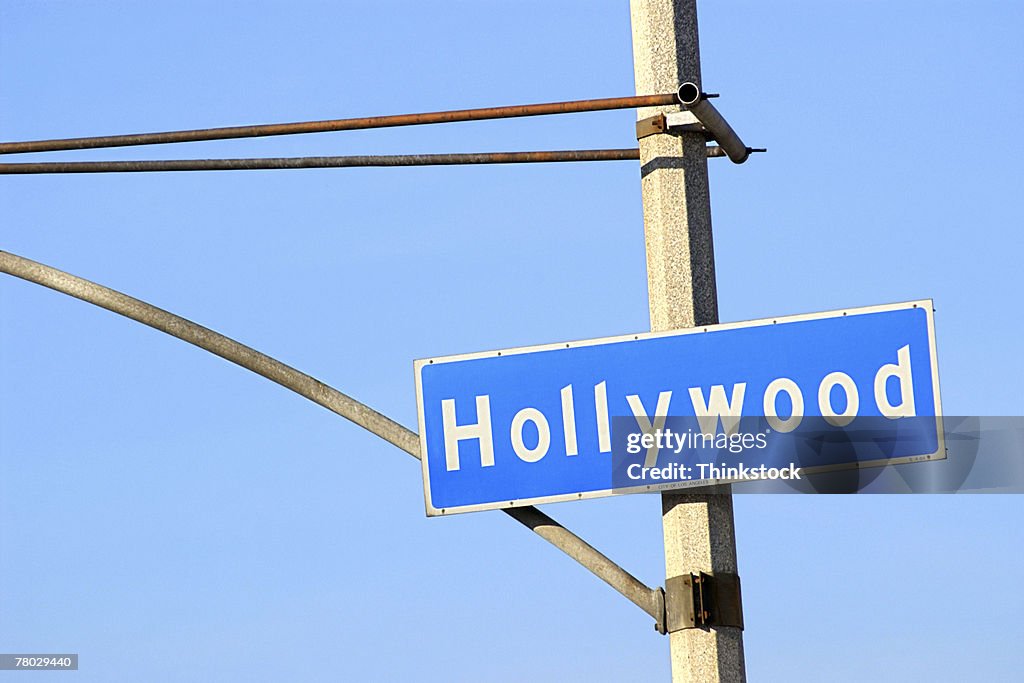 Close-up of a blue street sign on a lamppost for Hollywood.