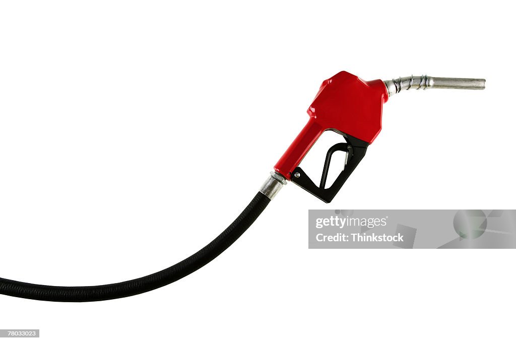 Side view of a red handled gasoline pump against a white background.