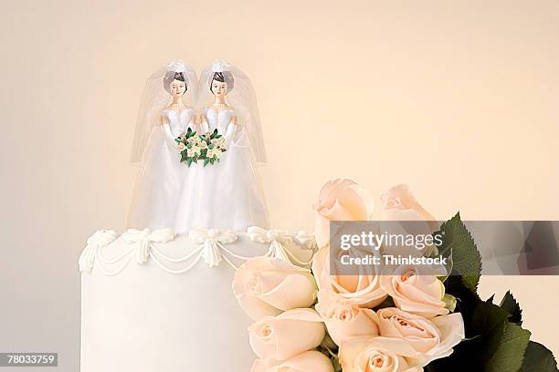 still life of the top of a wedding cake with two miniature brides cake topper and roses at the side - union gay stockfoto's en -beelden