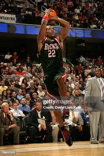 Michael Redd of the Milwaukee Bucks glides through the air on this jumper against the Cleveland Cavaliers on November 20, 2007 at The Quicken Loans...