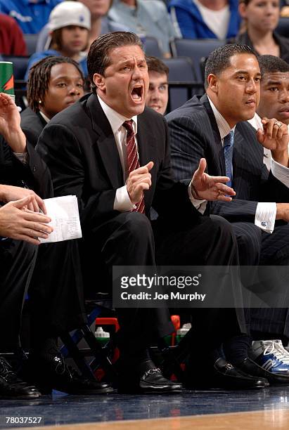 John Calipari, head coach of the Memphis Tigers reacts to a call during a game against the Arkansas State Indians at FedExForum on November 20, 2007...