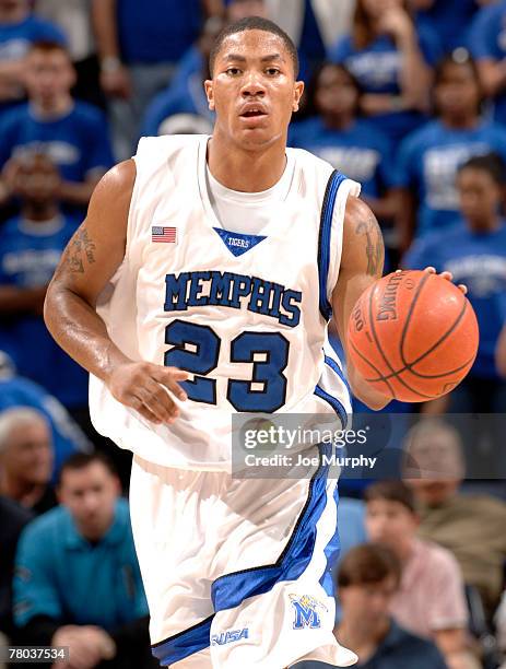 Derrick Rose of the Memphis Tigers brings the ball upcourt during a game against the Arkansas State Indians at FedExForum on November 20, 2007 in...