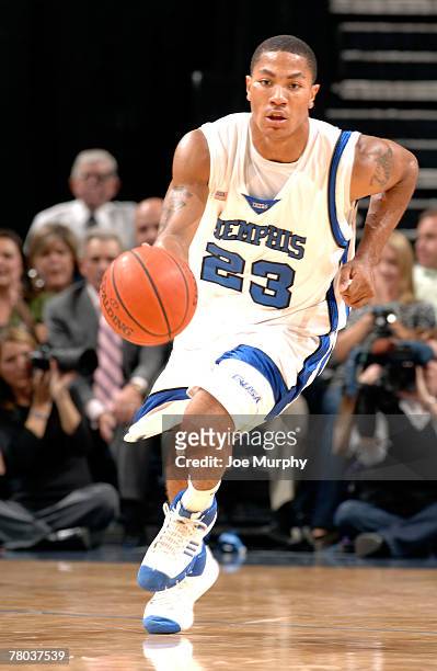 Derrick Rose of the Memphis Tigers brings the ball upcourt during a game against the Arkansas State Indians at FedExForum on November 20, 2007 in...
