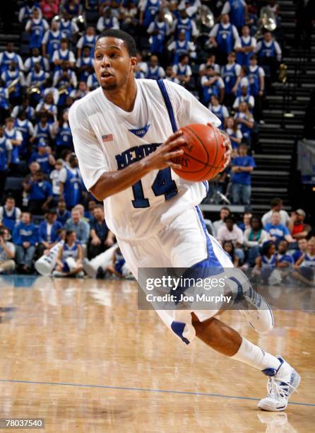 Chris Douglas-Roberts of the Memphis Tigers drives to the basket against the Arkansas State Indians at FedExForum on November 20, 2007 in Memphis,...