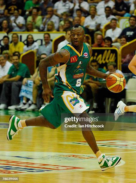 Corey Williams of the Crocodiles in action during the round ten NBL match between the Townsville Crocodiles and the Melbourne Tigers at the...