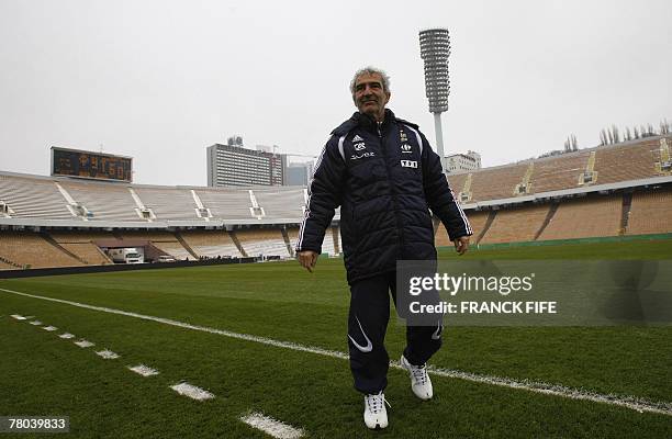 French coach Raymond Domenech walks along the field of the Olympic Stadium, 21 November 2007 in Kiev, before the last qualifing match Ukraine vs....