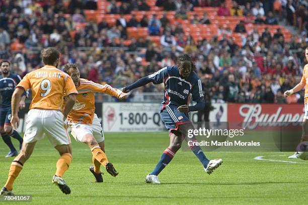 Shalrie Joseph of the New England Revolution makes a shot on goal during the 2007 Major League Soccer Cup at RFK Stadium on November 18, 2007 in...