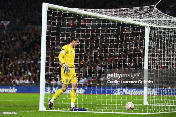Scott Carson of England fetches the ball out of the net as Niko Kranjcar of Croatia scores their first goal during the Euro 2008 Group E qualifying...