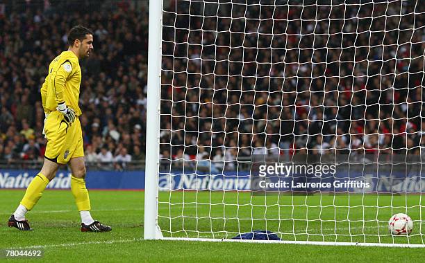 Scott Carson of England looks at the ball in the net as Niko Kranjcar of Croatia scores their first goal during the Euro 2008 Group E qualifying...