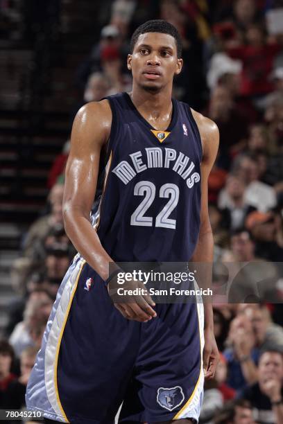 Rudy Gay of the Memphis Grizzlies looks on during a game against the Portland Trail Blazers at the Rose Garden Arena on November 9, 2007 in Portland,...