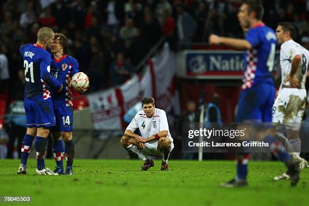 Steven Gerrard of England looks dejected after the Euro 2008 Group E qualifying match between England and Croatia at Wembley Stadium on November 21,...
