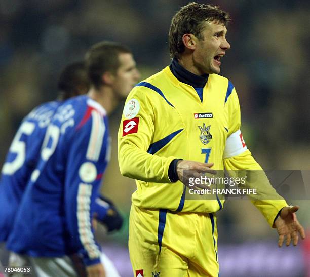Ukraine's forward and captain Andriy Shevchenko react during their Euro 2008 qualifying football match Ukraine vs. France. France is already...