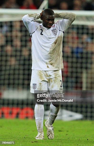 Micah Richards of England looks dejected during the Euro 2008 Group E qualifying match between England and Croatia at Wembley Stadium on November 21,...
