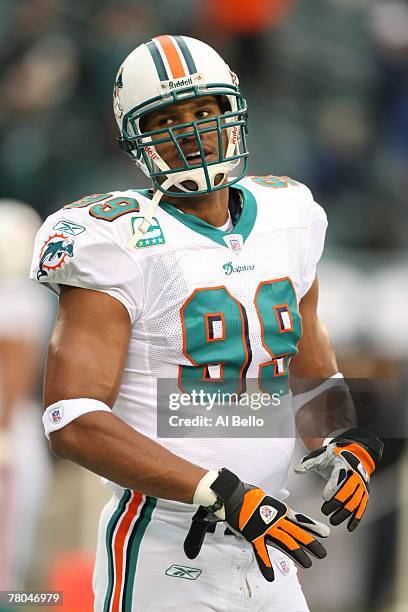 Jason Taylor of the Miami Dolphins looks on during the NFL game against the Philadelphia Eagles at Lincoln Financial Field on November 18, 2007 in...