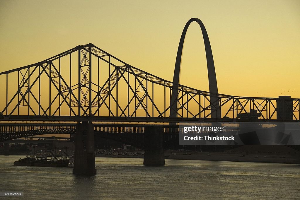 Sunset over Gateway Arch and Mississippi River