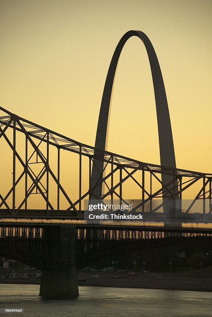 Sunset over Gateway Arch and Mississippi River